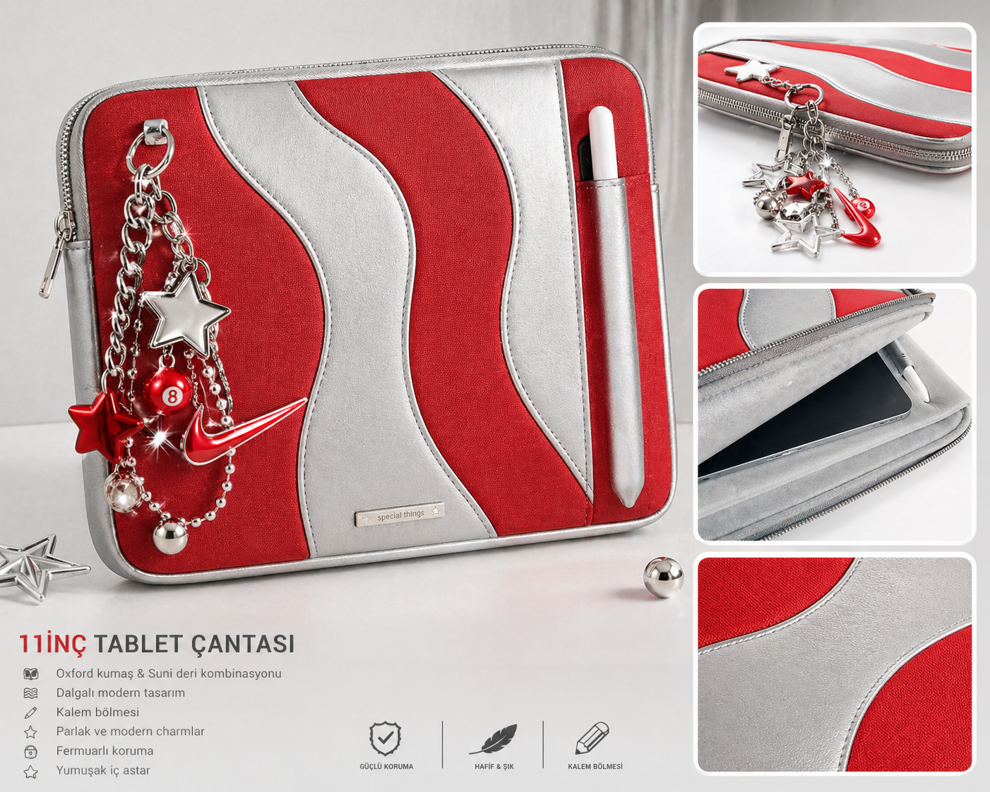 Dalga Desenli Kırmızı Tablet Çantası